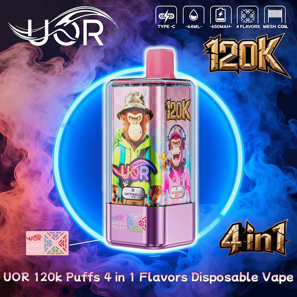 Colorful ad featuring a pink UOR 120k-puffs 4-in-1 disposable vape centered in a neon blue ring against red and blue smoke, with illustrated flavor panels on the device and icons across the top indicating Type-C charging, 64 mL capacity, 650 mAh battery, four flavors and mesh coil.