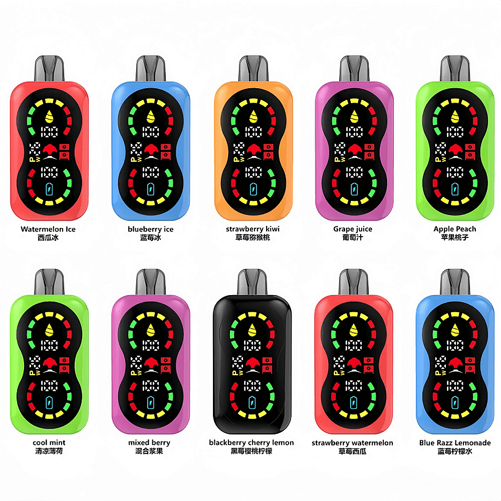 白い背景に 2 列に配置された 11 個のカラフルなポッド スタイルの電子タバコ デバイス。それぞれの黒い楕円形のデジタル ディスプレイには、色とりどりのインジケーター リングと小さなアイコンが表示され、その下には、スイカ アイス、ブルーベリー アイス、ストロベリー キウイ、グレープ ジュース、アップル ピーチ、クール ミント、ミックス ベリー、ブラックベリー チェリー レモン、ストロベリー スイカ、ブルー ラズ レモネードなどのフレーバー名が英語と中国語でラベル付けされています。.
