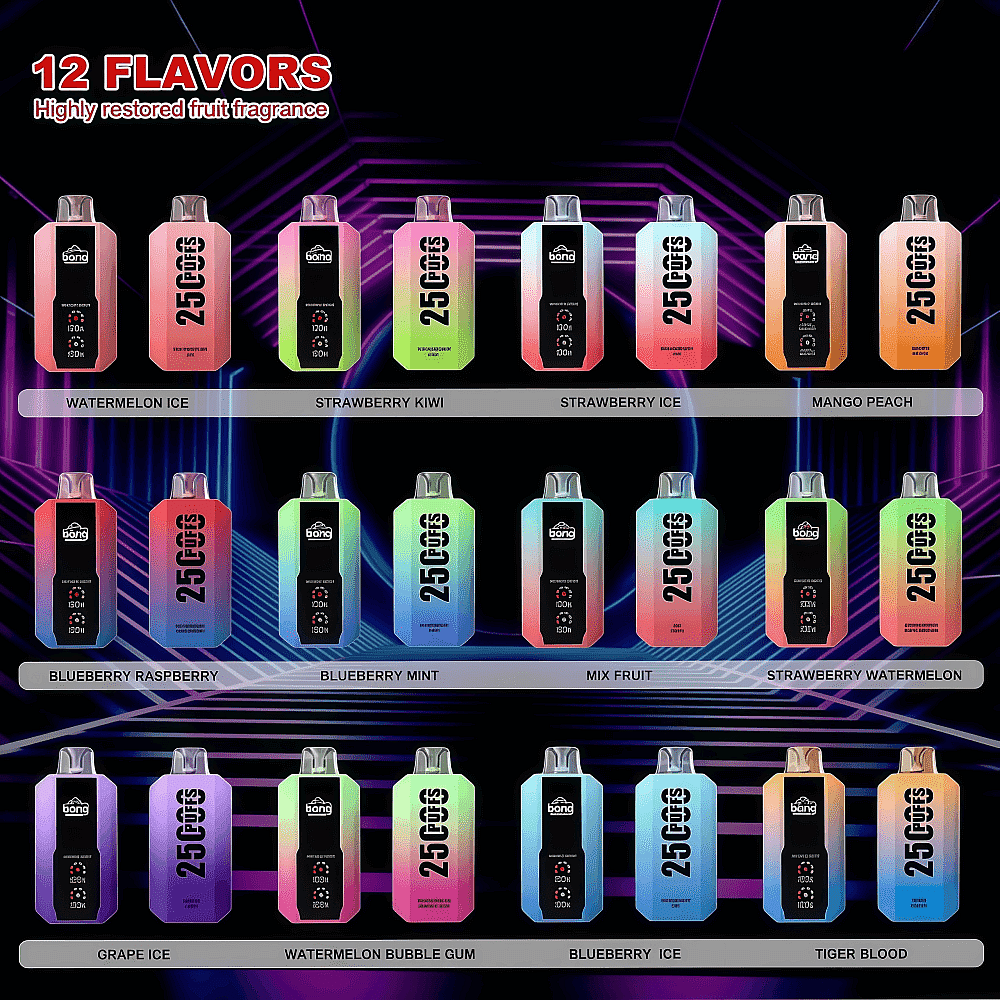 Affiche promotionnelle montrant douze appareils de vape jetables à dégradé coloré disposés en trois rangées sur un fond géométrique néon, intitulé “ 12 SAVEURS Parfum de fruit hautement restauré ” et étiqueté avec les noms de saveur sous chaque appareil : glace à la pastèque, kiwi aux fraises, glace aux fraises, pêche à la mangue, framboise aux bleuets, menthe aux bleuets, mélange de fruits, pastèque aux fraises, glace aux raisins, gomme à bulles à la pastèque, glace aux bleuets et sang de tigre.