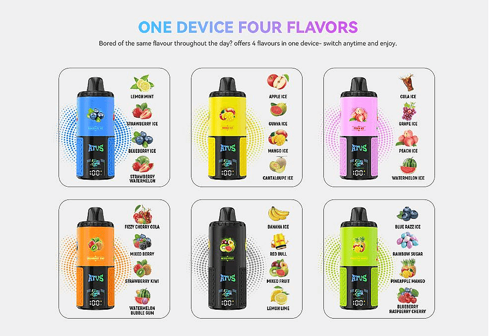 Werbegrafik mit dem Titel "ONE DEVICE FOUR FLAVORS" zeigt sechs farbenfrohe zylindrische E-Zigaretten, die in einem 3x2-Raster angeordnet sind, jeweils gepaart mit kleinen Abbildungen von Früchten und Getränken und Listen mit Geschmacksnamen wie Zitronenminze, Erdbeereis, Blaubeere, Apfeleis, Mango, Cola, Pfirsich, Wassermelone, gemischte Beeren, Bananeneis und Ananas-Mango.