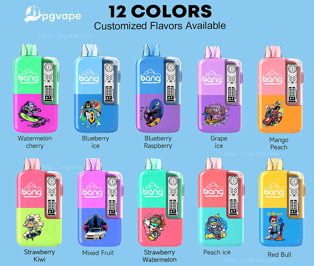 Promotional image with the headline “12 COLORS Customized Flavors Available” showing twelve brightly colored rectangular vape devices arranged in a grid, each with a unique cartoon decal and flavor label (e.g., Watermelon Cherry, Blueberry Ice, Grape Ice, Mango Peach, Strawberry Kiwi, Mixed Fruit, Strawberry Watermelon, Peach Ice, Red Bull) on a light blue background.