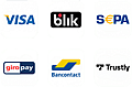 Six white rounded-square tiles arranged in two rows on a dark background, each containing a payment logo: Visa, blik, SEPA, giropay, Bancontact, and Trustly.