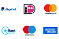 Grid of six payment logos in rounded white squares: PayPal, iDEAL, Mastercard, MyBank, Maestro, and American Express.