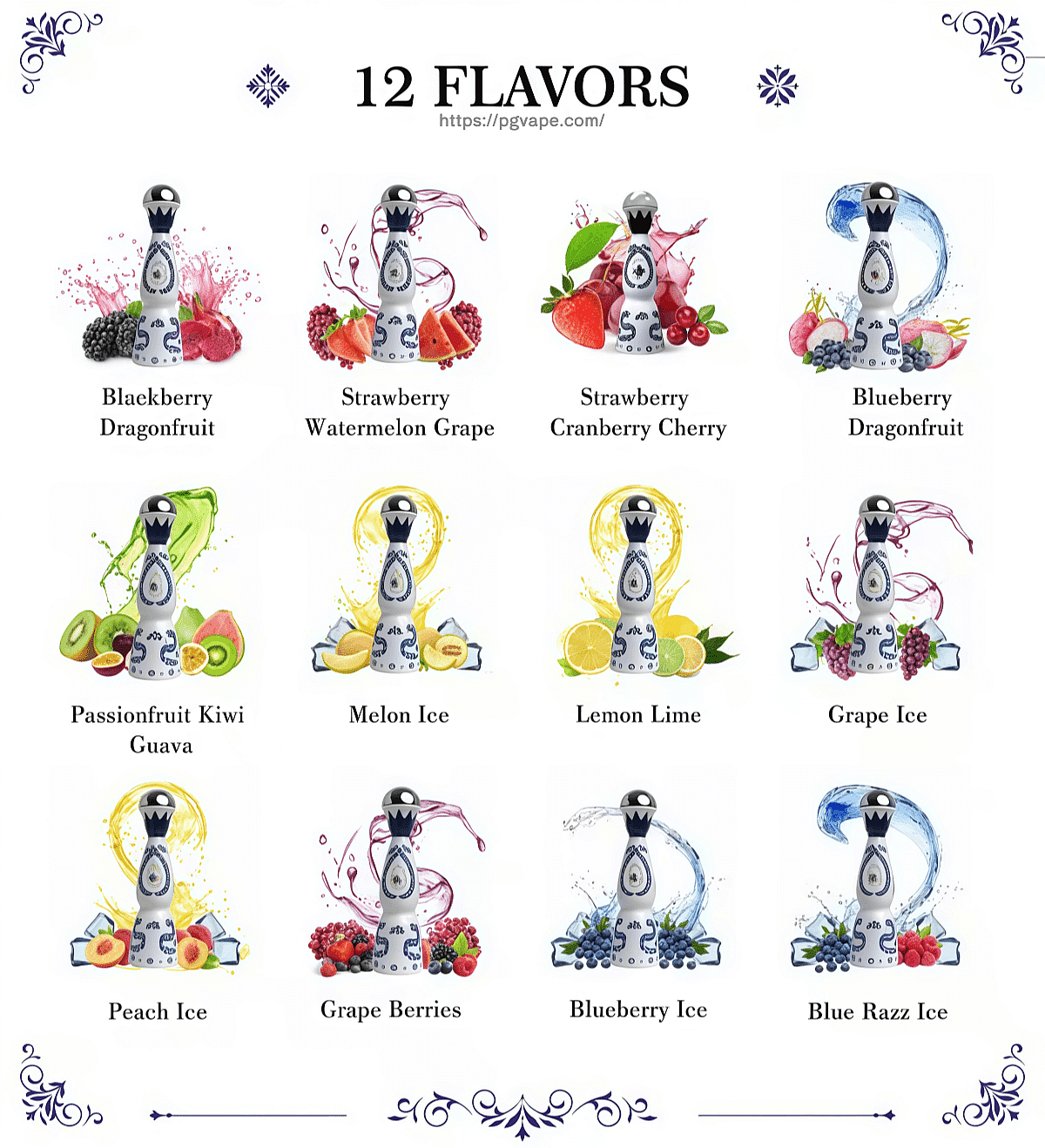 Poster titled '12 Flavors' showing a 3x4 grid of ornate white-and-blue bottles each paired with fruit and splash illustrations and labeled with flavors including Blackberry Dragonfruit, Strawberry Watermelon Grape, Strawberry Cranberry Cherry, Blueberry Dragonfruit, Passionfruit Kiwi Guava, Melon Ice, Lemon Lime, Grape Ice, Peach Ice, Grape Berries, Blueberry Ice, and Blue Razz Ice.