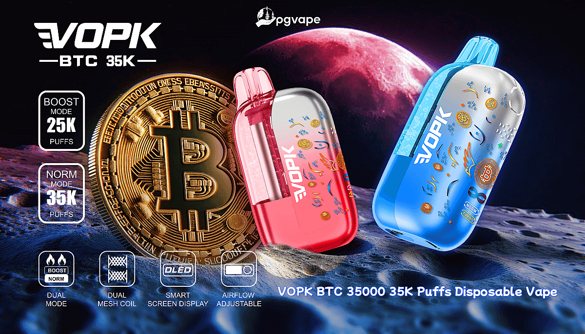 Space-themed VOPK BTC 35K disposable vape with pink and blue pods beside a Bitcoin coin, showcasing Boost and Norm modes.