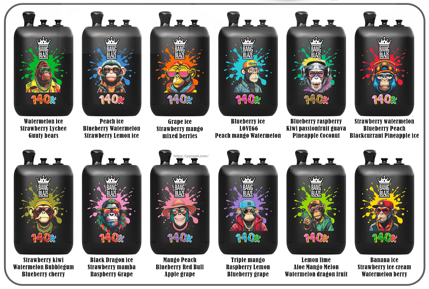 Two rows of six Bang Blaze e-liquid bottles, black with colorful animal illustrations and a 140k label, each with its flavor name shown beneath.