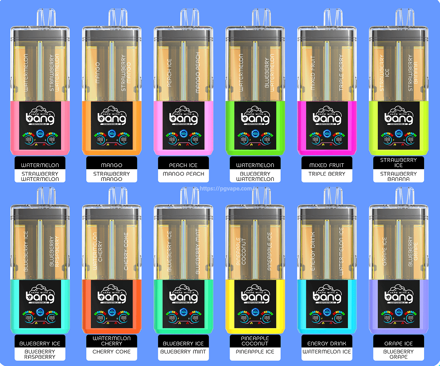 Rows of colorful vape pens with transparent tanks and neon bodies, labeled with fruit flavors on a blue background.