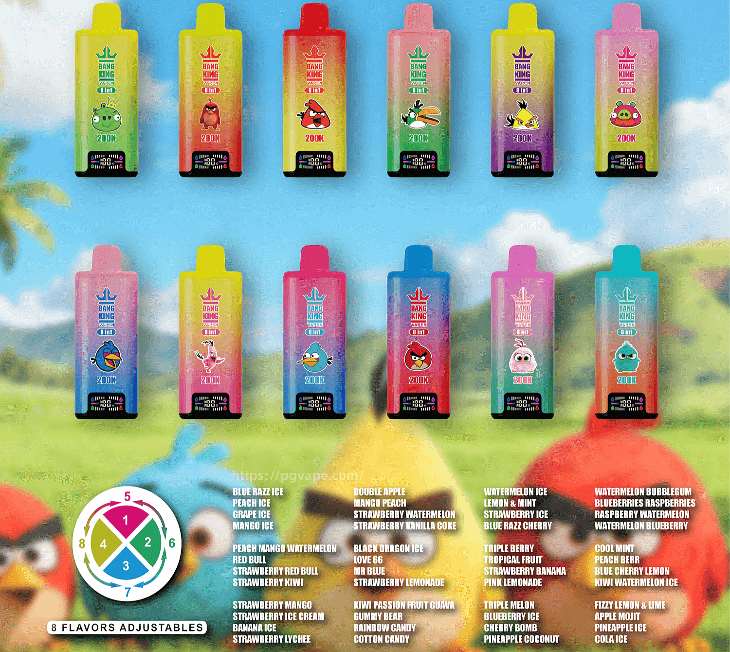 Two rows of colorful gradient vape bottles with cartoon characters on the labels, arranged against a bright tropical backdrop.