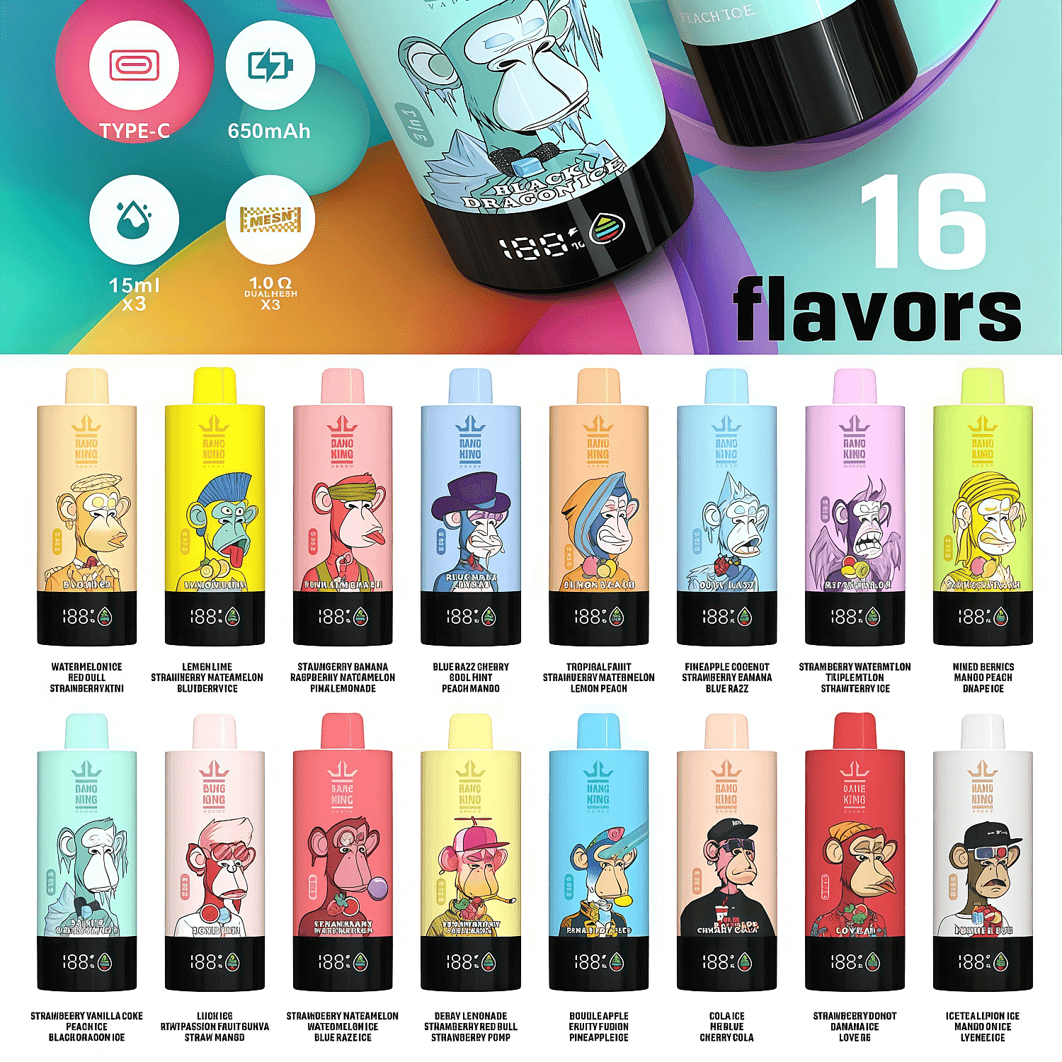 Pubblicità che mostra 16 dispositivi di vaporizzazione usa e getta colorati disposti su due file, ciascuno caratterizzato da un'illustrazione unica di una scimmia cartoon e un'etichetta di sapore su uno sfondo sfumato luminoso con icone di prodotto e un grande titolo "16 gusti".