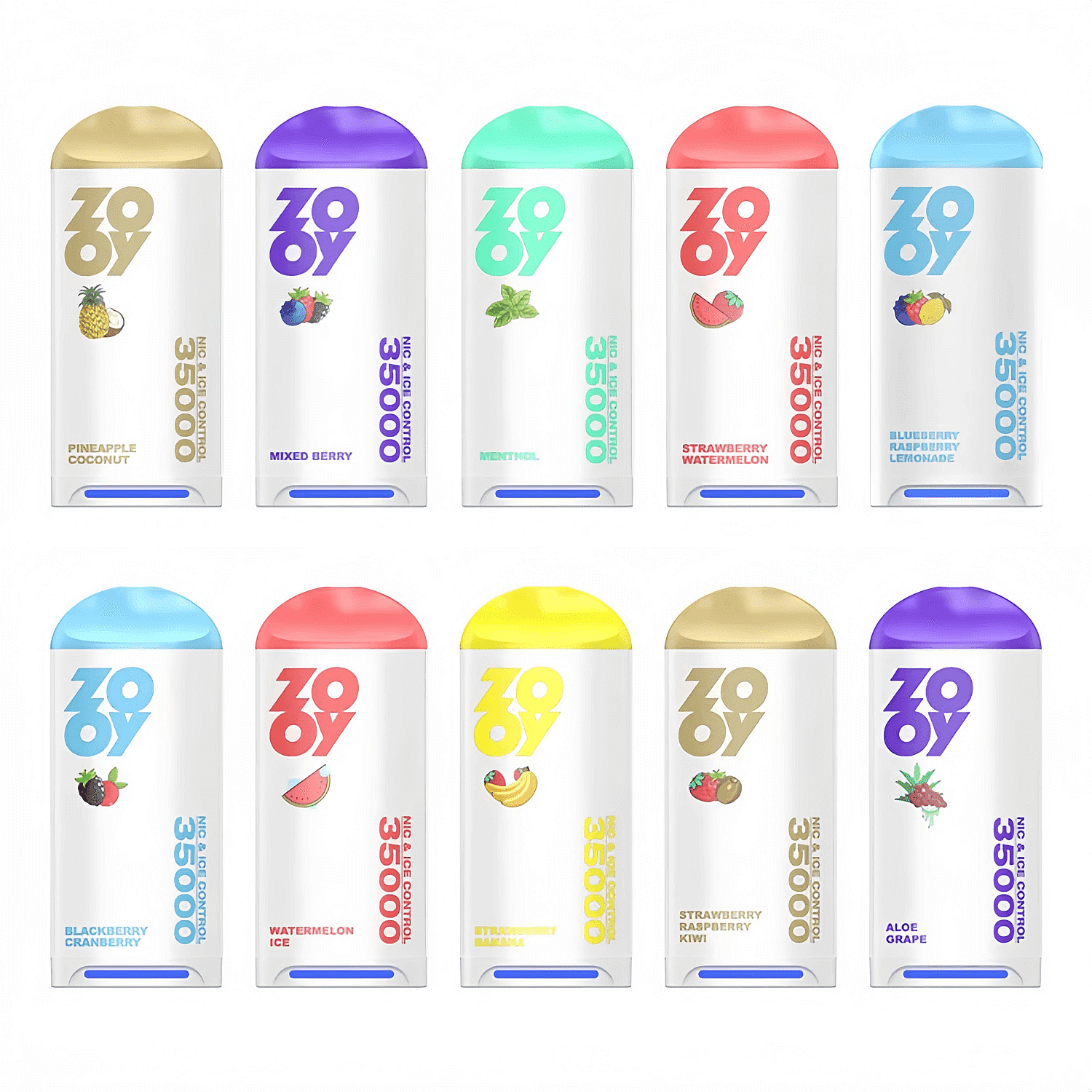 Two rows of five white rectangular disposable vape devices, each topped with a different colored rounded cap and showing a bold ZOOY logo, a '35000' label and a small fruit illustration indicating fruit- and mint-flavored varieties (pineapple coconut, mixed berry, menthol, strawberry watermelon, blueberry raspberry lemonade, blackberry cranberry, watermelon ice, strawberry banana, strawberry raspberry kiwi, aloe grape).