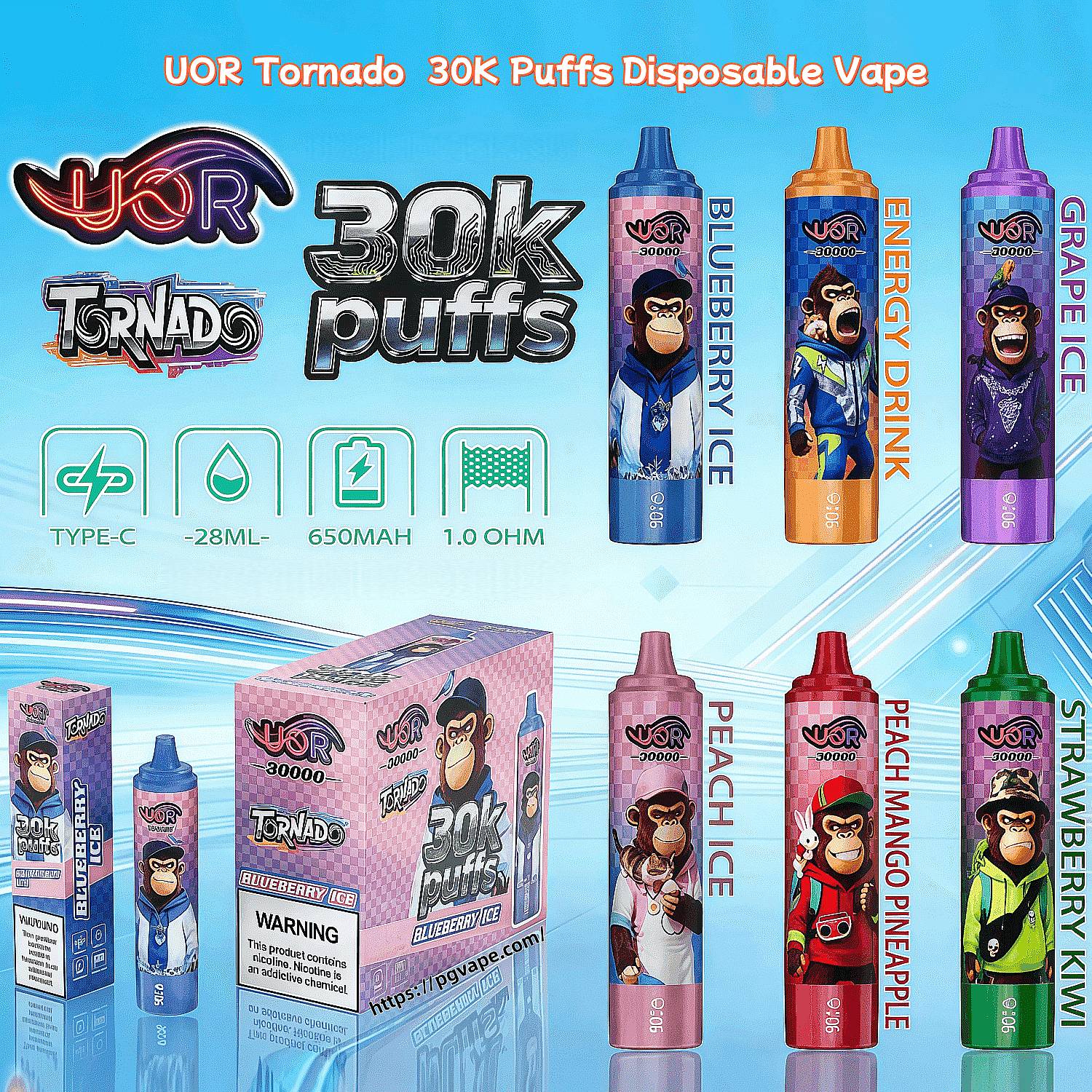 UOR Tornado 30K puffs disposable vapes with monkey artwork in flavors like Blueberry Ice, Energy Drink, Grape Ice, Peach Ice, and Strawberry Kiwi.