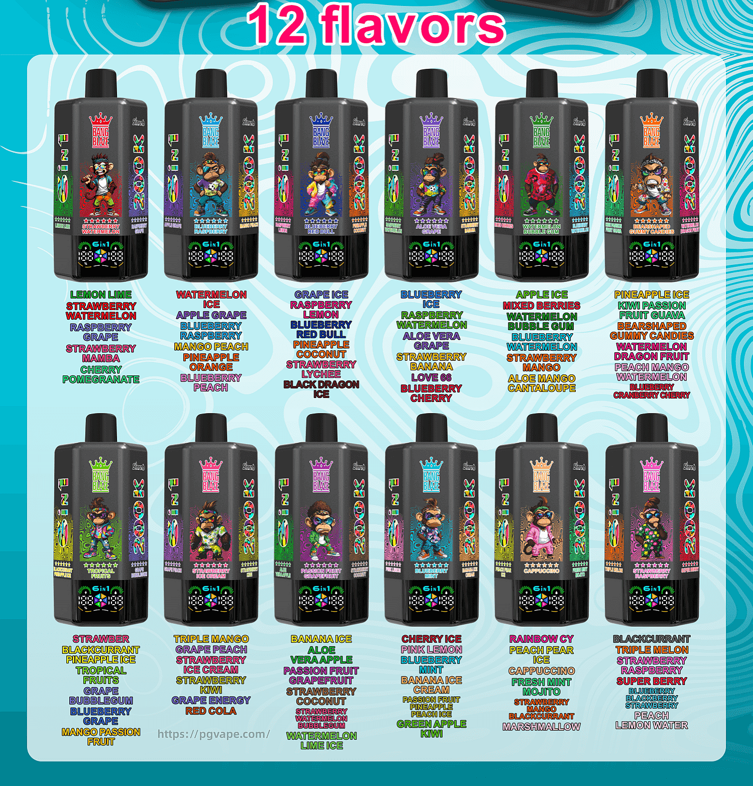 Two rows of Bang energy drink bottles with cartoon characters on the labels, colorful flavor names, and a 12 flavors banner.