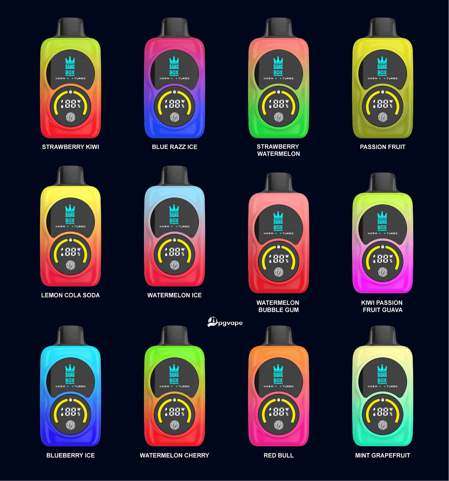 Four-by-four grid of colorful Bang Box vape devices on a dark background, each with flavor labels such as Strawberry Kiwi and Blue Razz Ice.