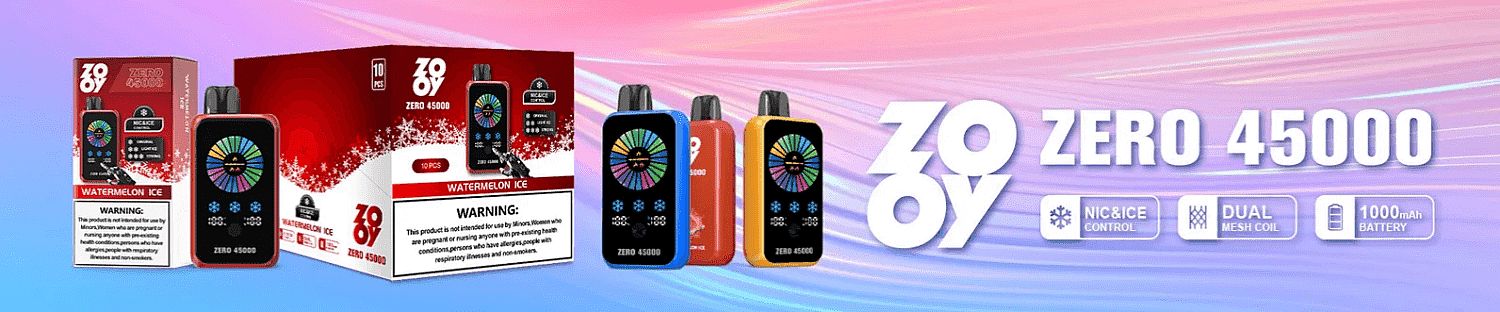 Promotional banner showing Zooy Zero 45000 disposable vape devices and packaging—three colorful pod-style devices (blue, red, yellow) with circular rainbow screens and boxes labeled Watermelon Ice, set against a pink-to-blue gradient with the large product name ZOOY ZERO 45000 and icons for NIC&ICE control, dual mesh coil, and 1000mAh battery.