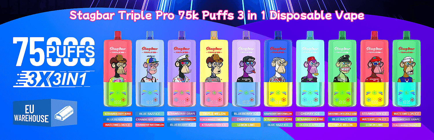 Colorful lineup of Stagbar Triple Pro disposable vapes featuring cartoon monkey characters, with 75k puffs, 3 in 1, and EU Warehouse logo.