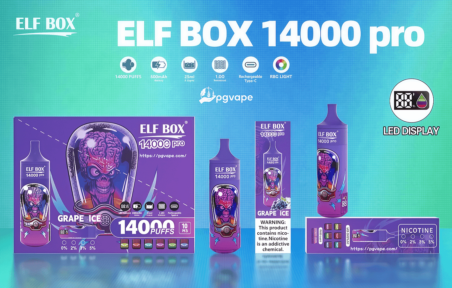 Lila ELF BOX 14000 Pro engångsvape och förpackning märkt "Grape Ice" med en stiliserad hjärna/skalleillustration, med ikoner och text som framhäver 14 000 puffar, 500mAh batteri, 25ml e-vätska, Type-C laddning, RGB-ljus/13T-skärm, alternativ för styrka nicotine, 500 mAh, LED-skärm, 500 mAh .