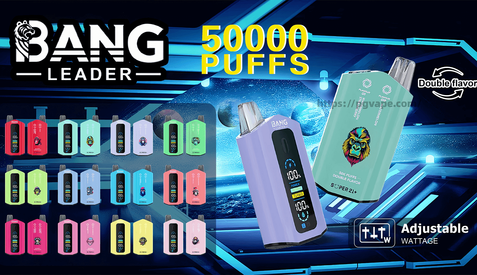 Advertising graphic for Bang Leader disposable vape devices featuring two large pastel-colored devices with digital displays and a gorilla logo, rows of smaller color variants, bold text reading 50000 PUFFS, and icons indicating double flavor and adjustable wattage against a futuristic blue background.