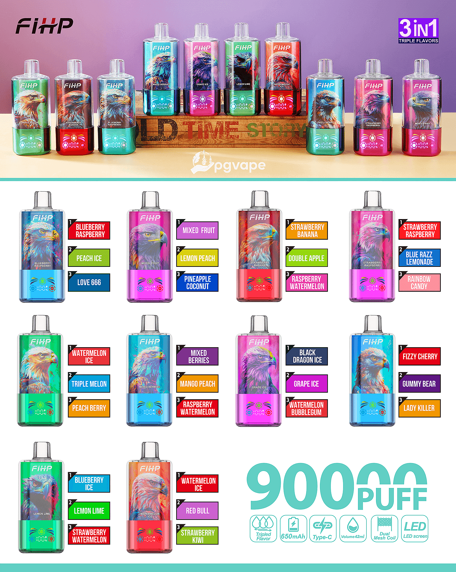 Colorful FIHP disposable vape devices displayed with flavor labels and a large 9000 PUFF graphic.