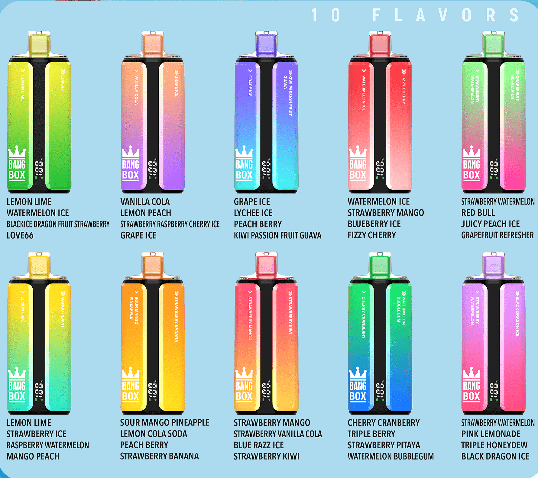 Ten Bang Box flavor bottles with gradient colors arranged in two rows on a blue background, each labeled with a fruit flavor.