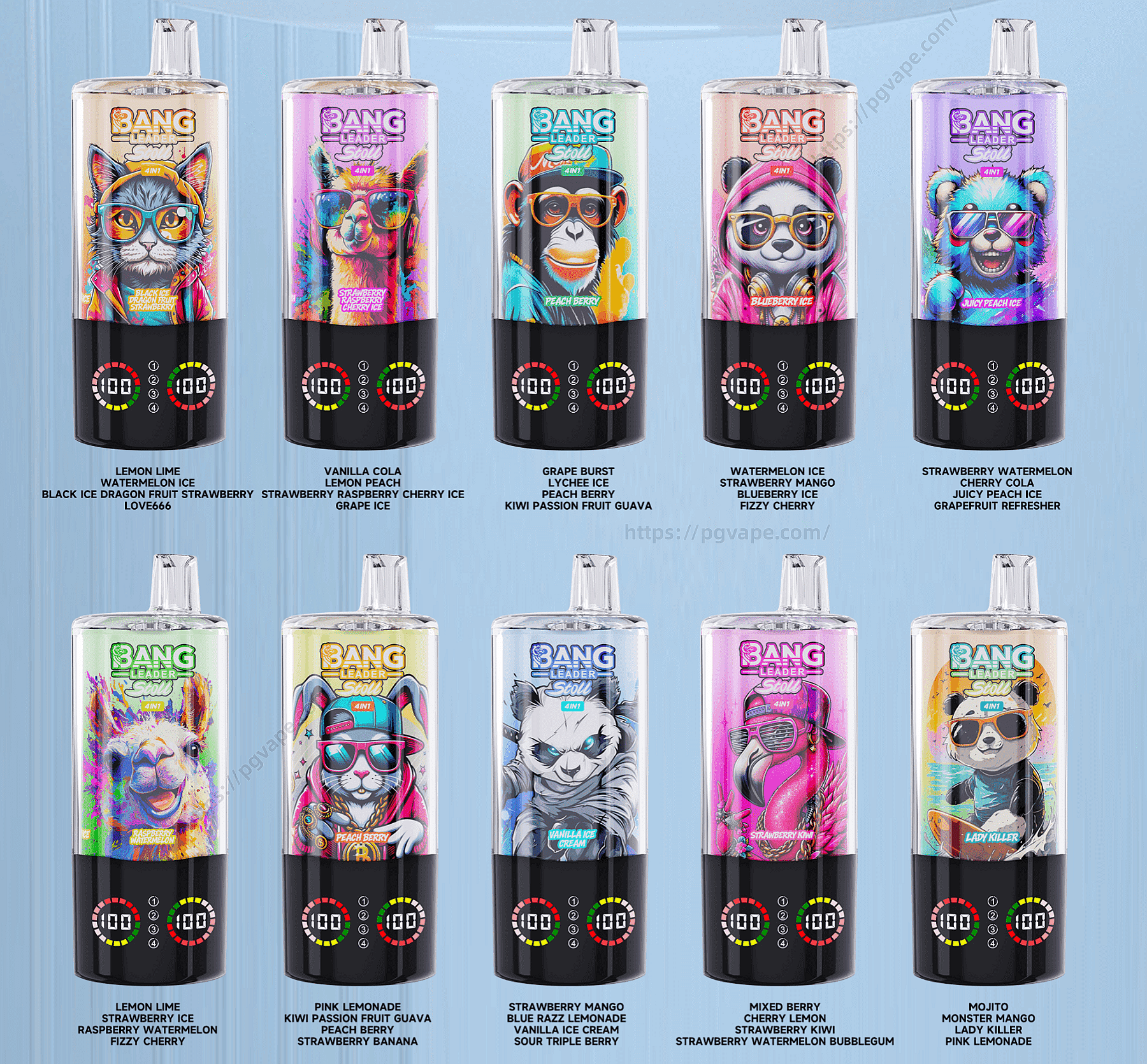 Ten colorful disposable vape devices arranged in two rows on a light blue background, each featuring bold animal-themed artwork, a black base with circular digital displays, and printed fruit-flavor names beneath.