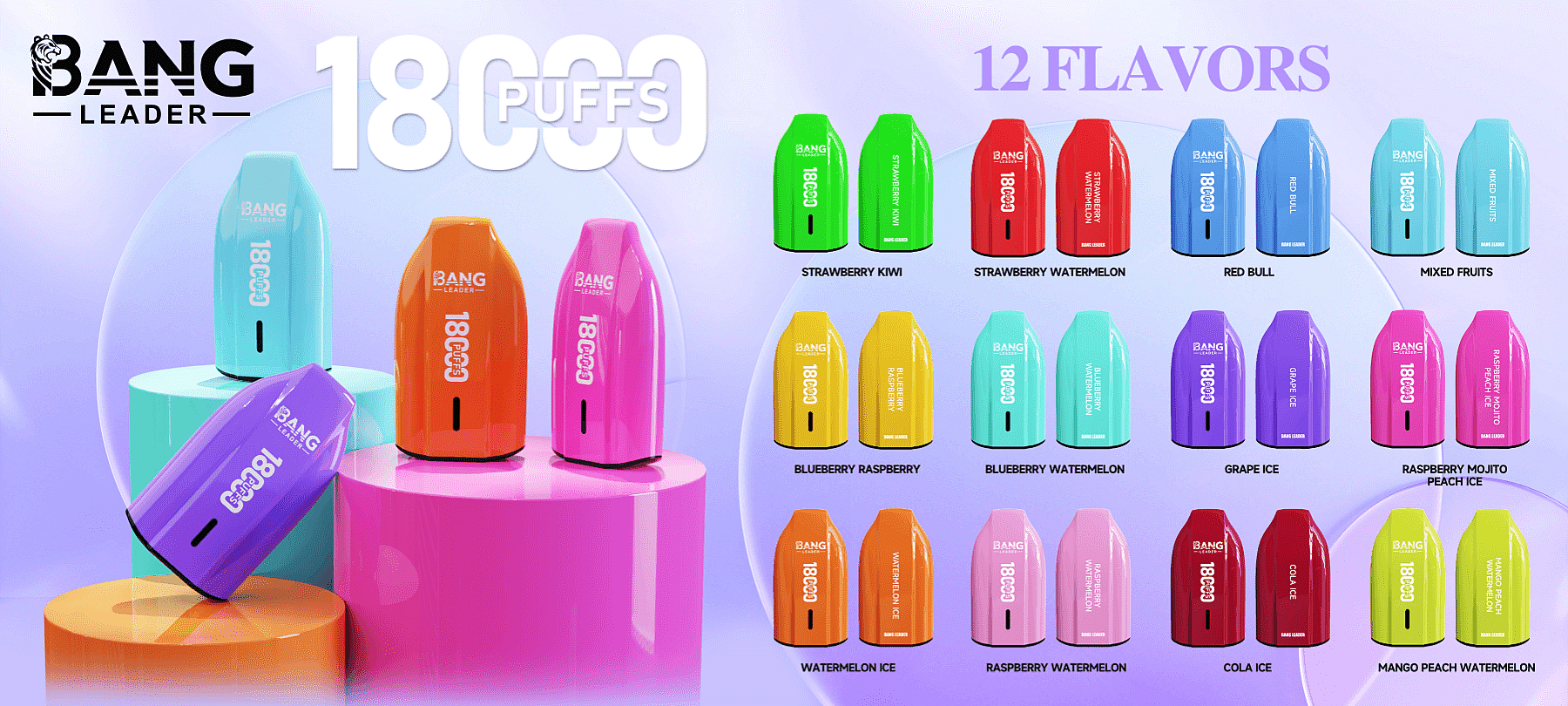 Promotional banner for Bang Leader 18000 puffs disposable vapes featuring oversized colorful devices on pedestals at left, the brand logo and large “18000 PUFFS” headline, and a right-side grid of twelve flavor-colored vape devices labeled with flavors such as strawberry kiwi, blueberry raspberry, grape ice, watermelon ice, cola ice and mango peach watermelon.