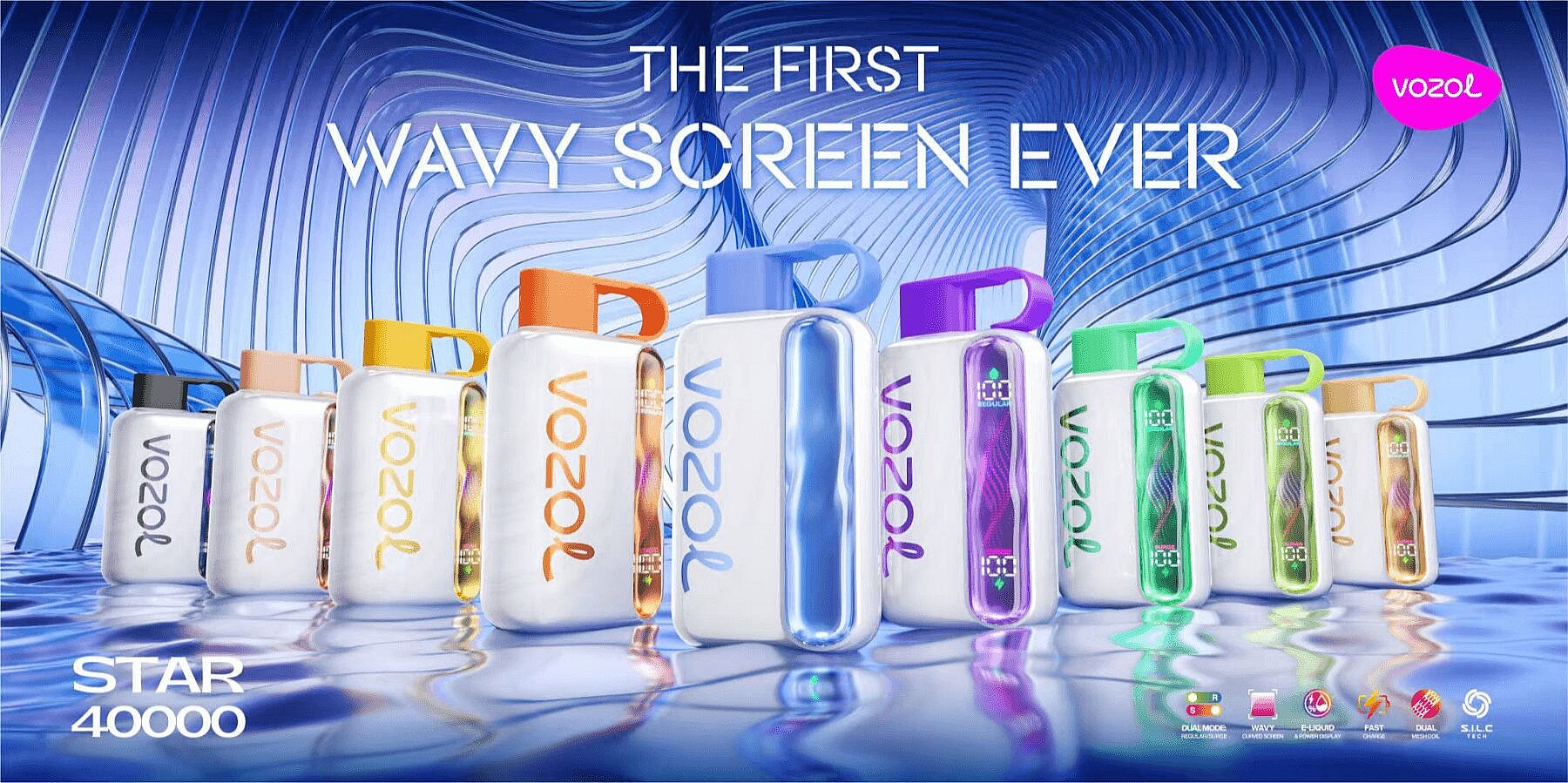 Row of colorful Vozol Star 40000 handheld devices with distinctive vertical wavy illuminated screens and loop handles, reflected on a rippling water-like surface against a futuristic blue wavy architectural background and a large headline reading “The First Wavy Screen Ever”.