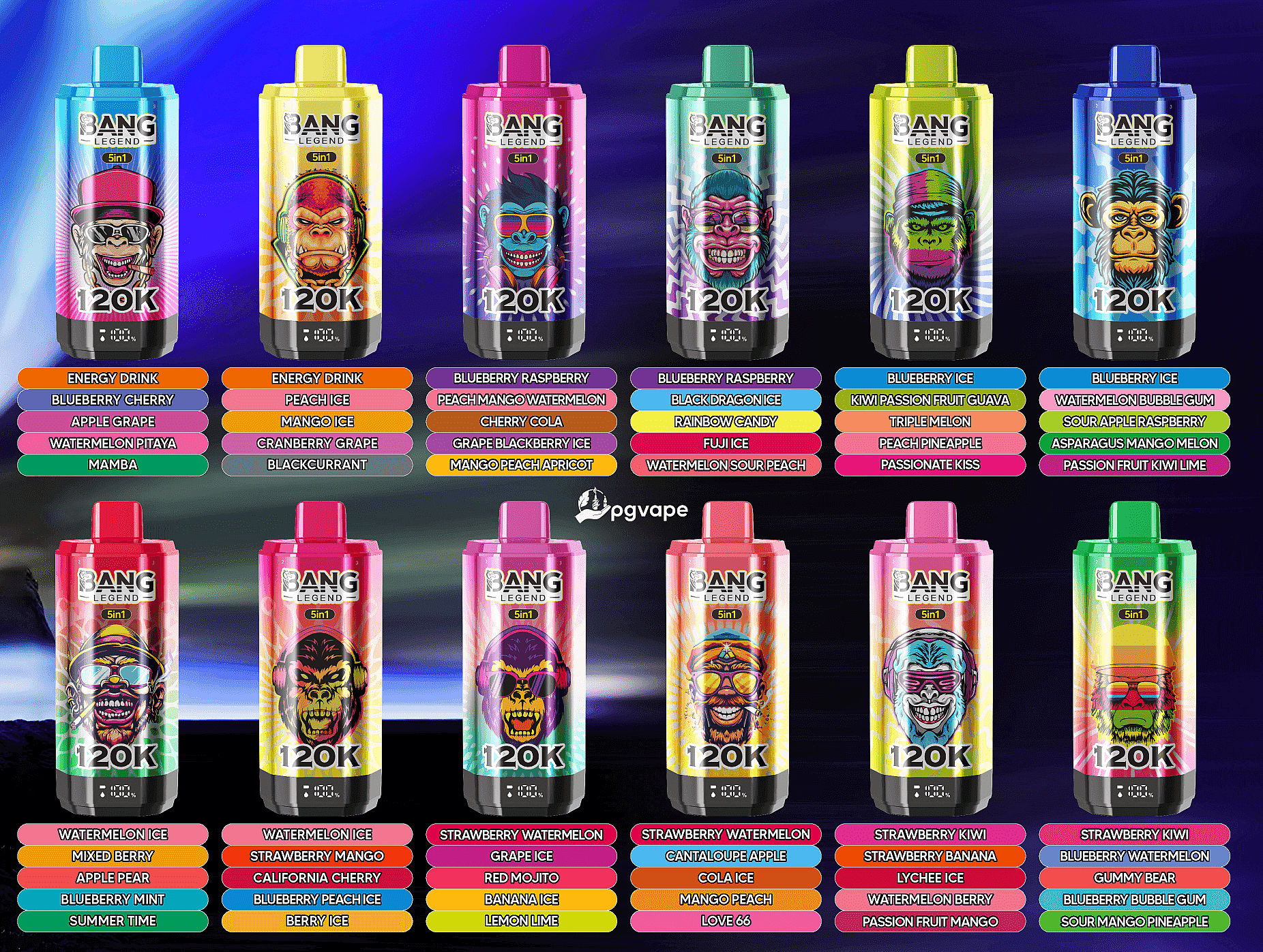 Two rows of Bang Legend 5-in-1 energy drink bottles in bright colors, each with a multicolor flavor label.