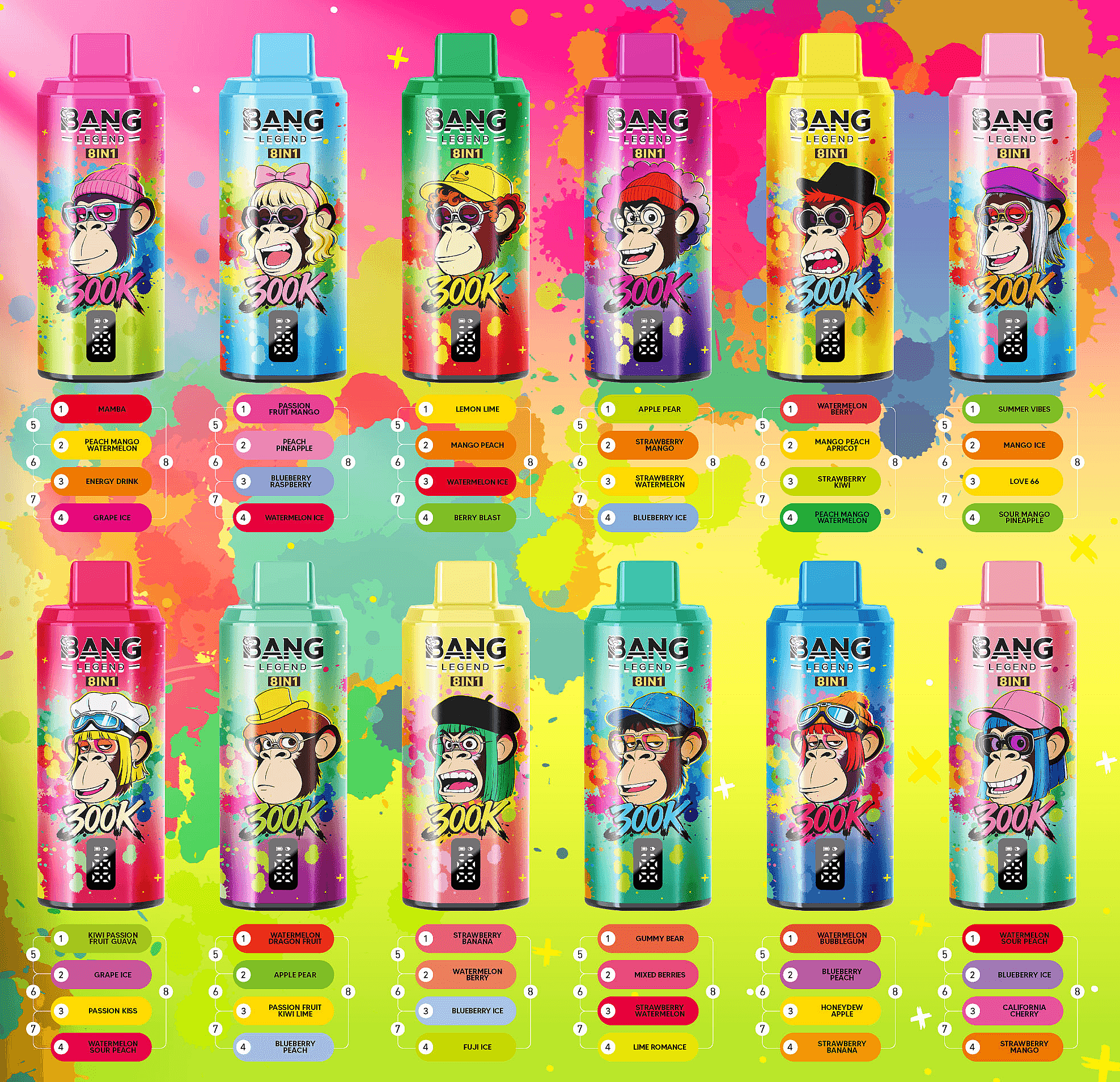 Assorted Bang Legend 8in1 energy drink cans with cartoon monkeys in bright colors, arranged in two rows on a neon background.