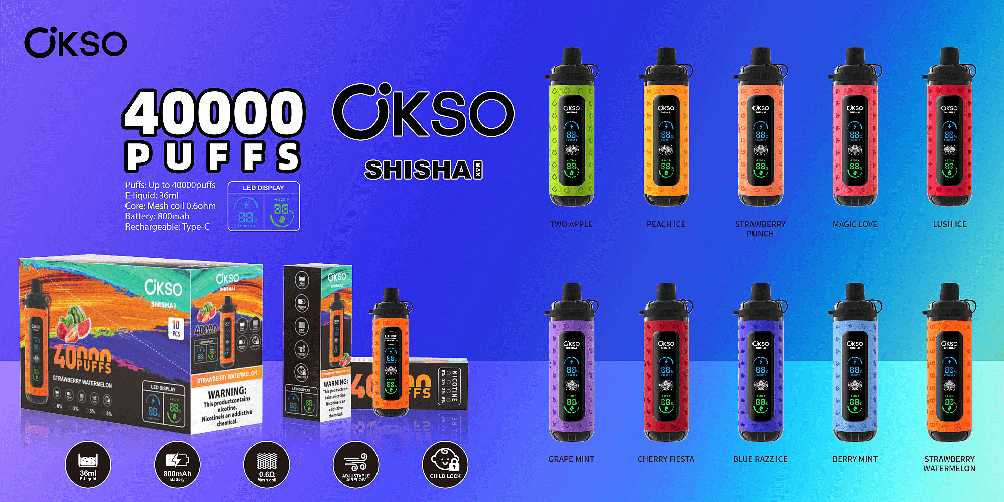 Banner promozionale per il vaporizzatore usa e getta OKSO Shisha che mostra il grande testo “40000 PUFFS”, dispositivi cilindrici con display LED colorato su due file con nomi di gusti, scatole dei prodotti e specifiche principali elencate (e-liquid da 36 ml, batteria da 800 mAh, bobina a rete da 0,6 Ω, ricaricabile di tipo C).