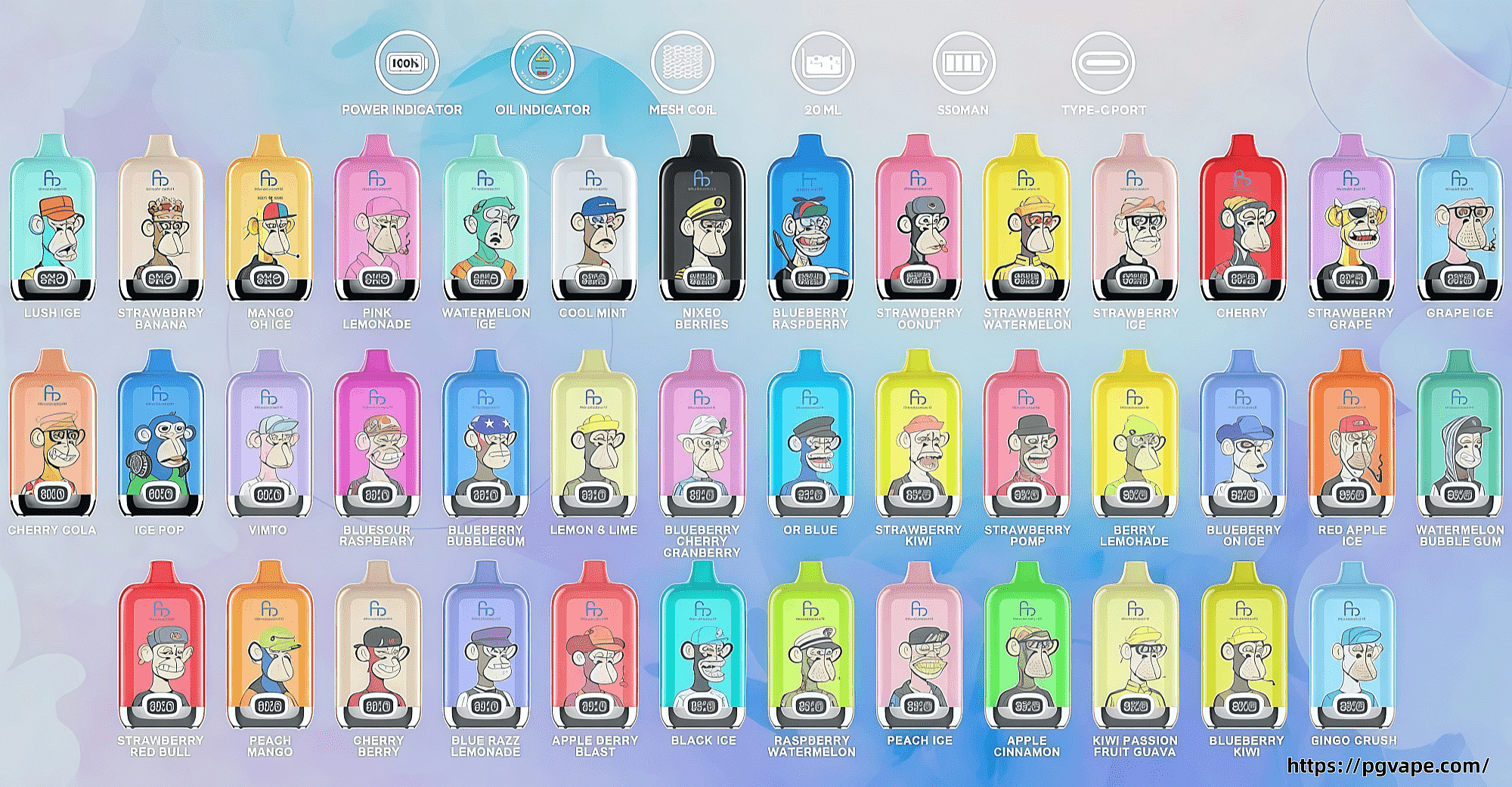 柔らかいパステル調の背景に明るい色の使い捨てベイプポッドのグリッドがあり、各ポッドには様式化された漫画の猿のポートレートと、ラッシュアイス、ストロベリーバナナ、ブルーベリーラズベリー、チェリーコーラ、ピーチマンゴーなどのフレーバー名が印刷されています。.