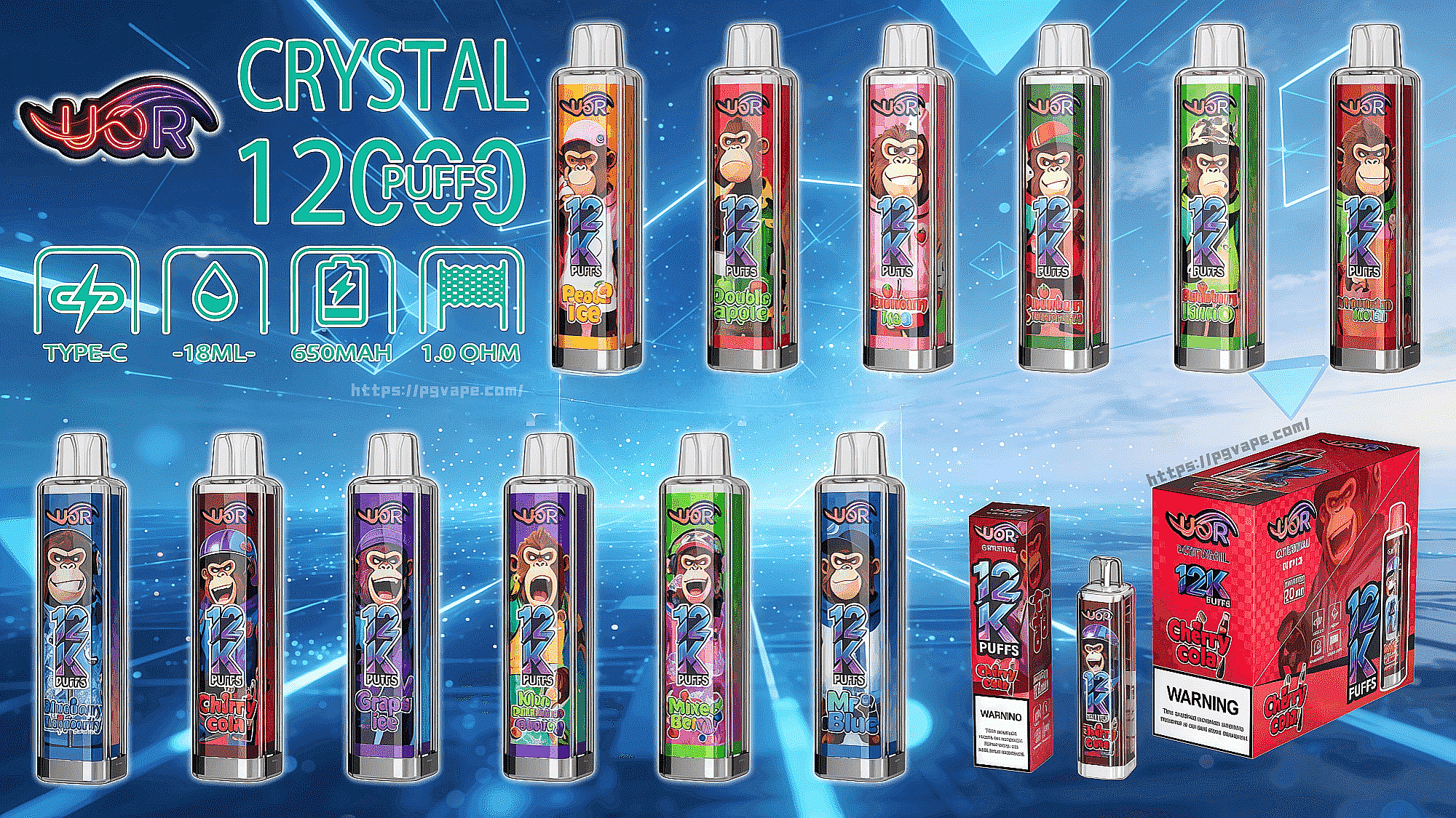 Blue promotional banner displaying UOR Crystal 12K Puffs disposable vape bottles in various flavors with monkey artwork and red packaging on the right.