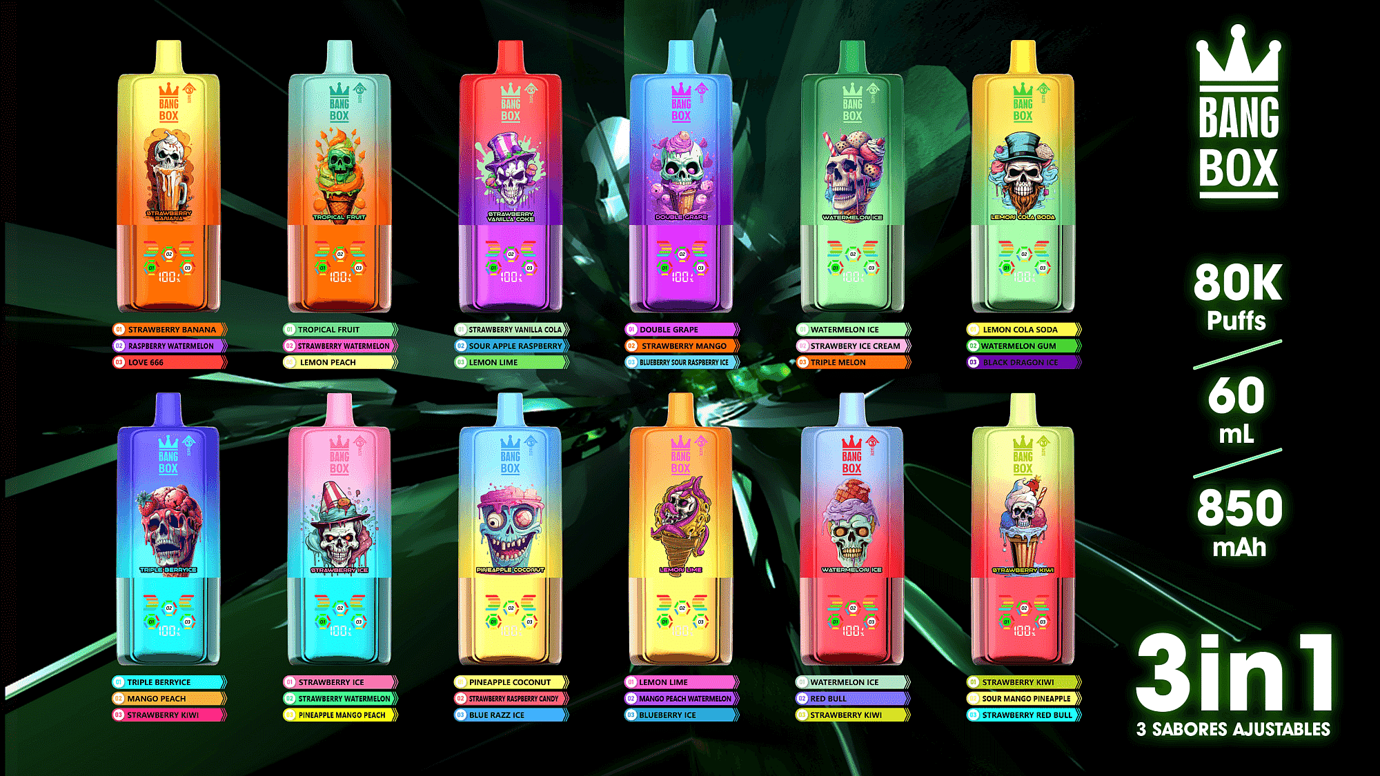 Row of Bang Box disposable vapes in gradient colors with flavor labels; right side shows 80K puffs, 60 mL, 850 mAh, 3in1.