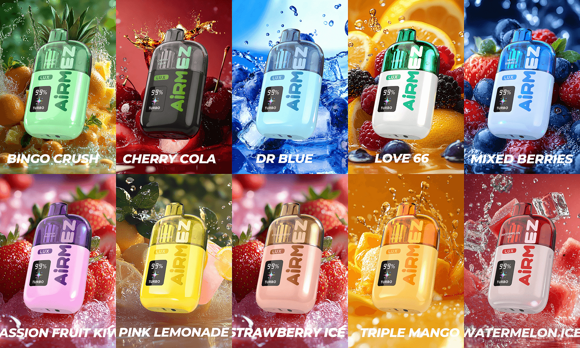 A grid of twelve colorful AIRMEN bottles, each with a flavor label, set against fruity splash backgrounds.