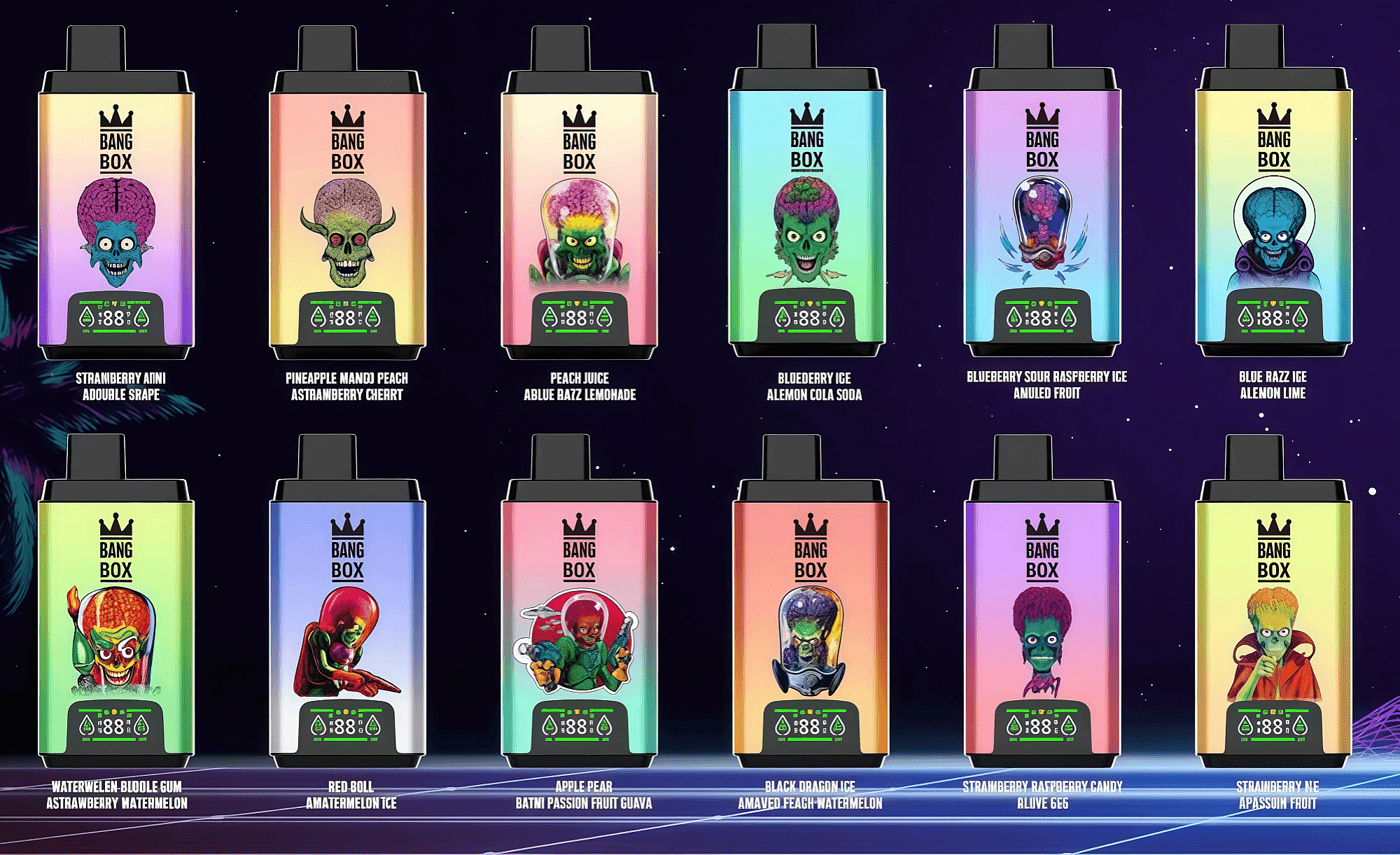 Twelve Bang Box vape devices in bright gradient colors, each showing a cartoon zombie artwork and a flavor label against a dark starry background.