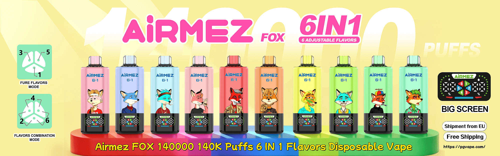 Bright banner for Airmez Fox 6 in 1 disposable vape, featuring pastel fox-themed bottles arranged on a rainbow pedestal.