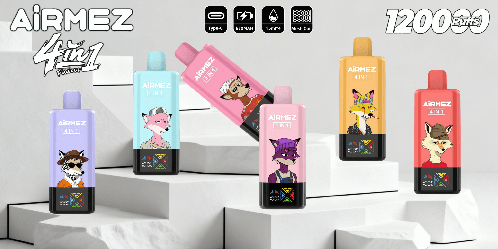 Six colorful AiRMEZ 4-in-1 vape devices in pastel purple, cyan, pink, yellow and red, each with a stylized fox illustration and black base, displayed on white stepped platforms with product icons for Type‑C, 650mAh, 15ml×4 and mesh coil and large '1200 puffs' branding.