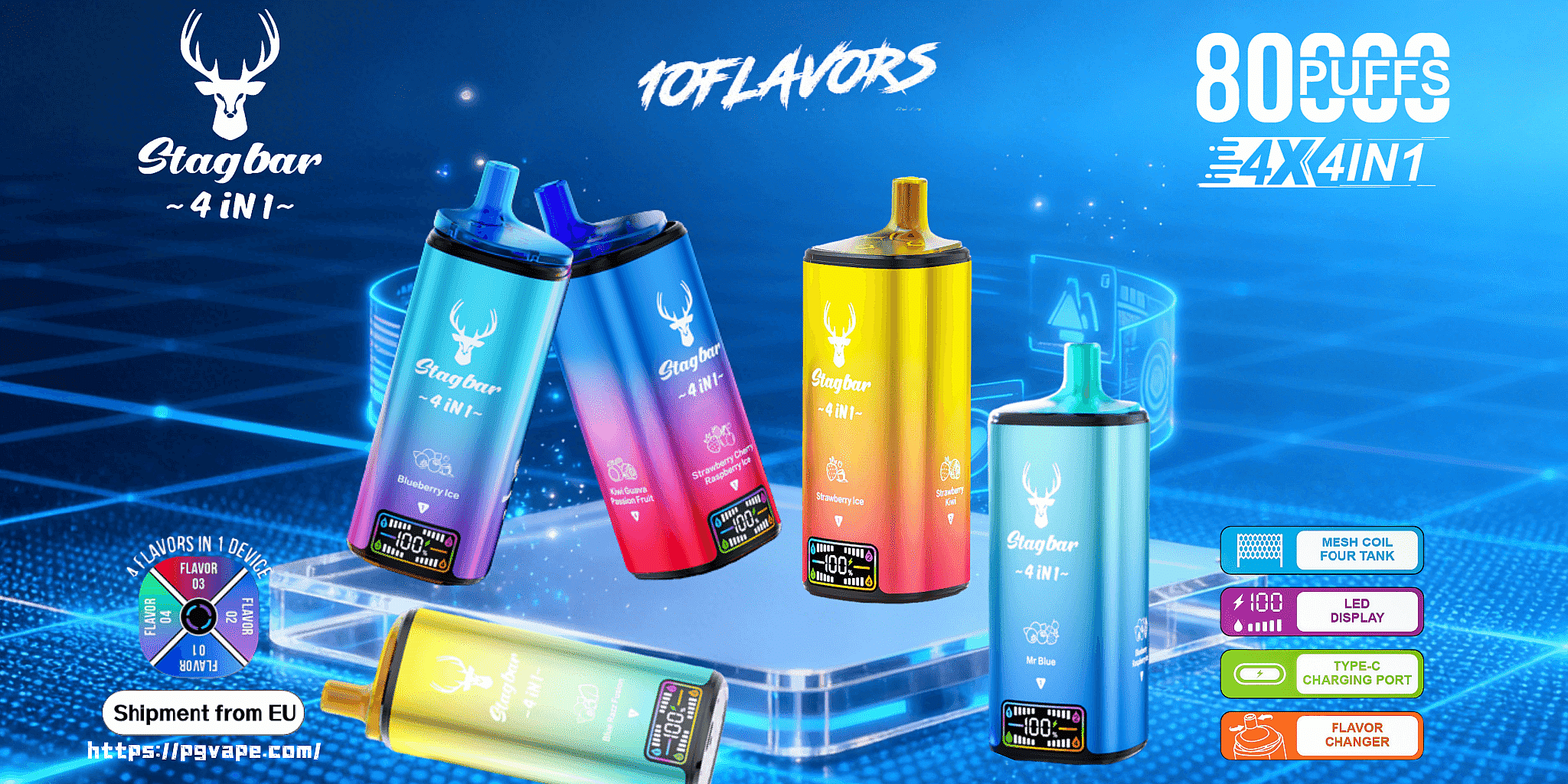 Colorful advertisement showing five gradient Stagbar 4-in-1 vape devices with a deer logo on a glowing platform against a blue grid background, labeled “10 Flavors” and “8000 Puffs” and accompanied by icons for mesh coil four-tank, LED display, Type‑C charging and flavor changer, plus a “Shipment from EU” note and website link.