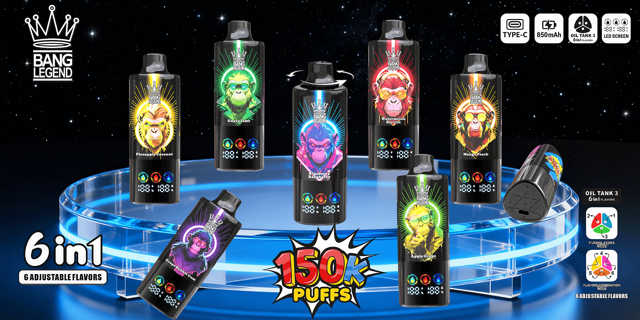Row of black Bang Legend disposable vape devices with colorful neon monkey illustrations and digital LED readouts arranged on a glowing blue circular platform against a starry background, accompanied by text and icons highlighting "6 in 1" adjustable flavors, "150K puffs", Type‑C charging and an 850mAh battery.