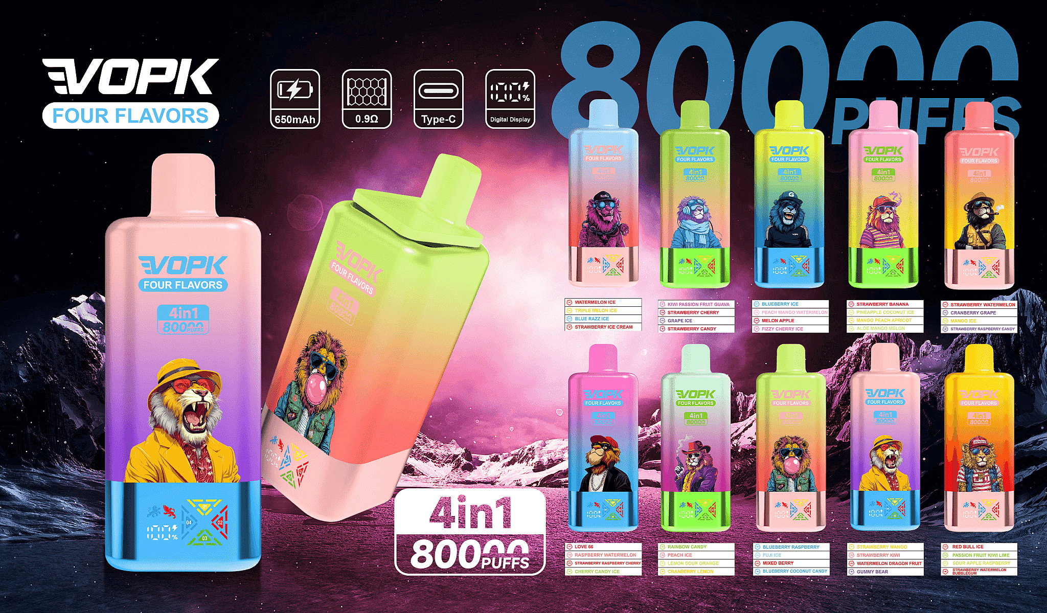 Colorful promotional poster for VOPK Four Flavors disposable vape devices featuring two large gradient-finish units in the foreground and rows of smaller multicolored units decorated with stylized animal illustrations, flavor labels and icons for 650mAh, 0.9Ω, Type‑C charging and digital display, set against a purple‑pink cosmic mountain background with a prominent "4in1 80000 puffs" callout and brand logo.
