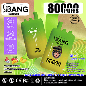 Two green-to-yellow gradient disposable vape devices branded 'S.BANG Bang Leader' displayed with bold '80000 puffs' and '3in1 Triple Flavors' text, purple icons for Type-C charging and dual mesh, fruit graphics for watermelon ice, strawberry and mango and banana, and small regulatory symbols plus a nicotine warning.