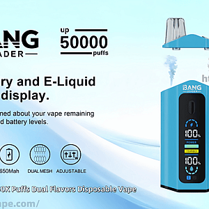Blue Bang Leader disposable vape promotional image showing two views of the device (one with mouthpiece removed) featuring a front digital battery and e-liquid level display, labels for up to 50,000 puffs and double flavor, icons for Type‑C, 650mAh, dual mesh and adjustable settings, on a light blue gradient background.