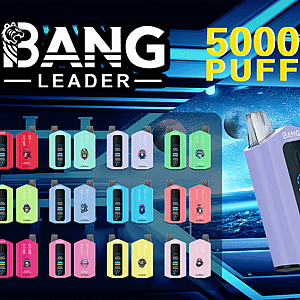 Advertising graphic for Bang Leader disposable vape devices featuring two large pastel-colored devices with digital displays and a gorilla logo, rows of smaller color variants, bold text reading 50000 PUFFS, and icons indicating double flavor and adjustable wattage against a futuristic blue background.