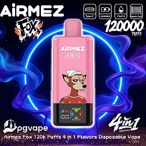 Pink AIRMEZ 4-in-1 disposable vape device featuring a cartoon fox in a beanie on the body, centered against a glowing blue ring and purple vapor swirls, with logos and icons indicating Type-C charging, 650mAh, 15ml×4 capacity, mesh coil and "120,000 puffs".