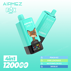 Two mint-green Airmez Fox 4-in-1 disposable vape devices floating on a teal gradient background, one showing a fox mascot illustration and the other displaying '12000 puffs' and a flavor chart listing Peach Ice, Pink Lemonade, Watermelon Ice and Dr Blue.
