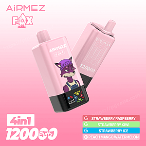 Two pink Airmez Fox 4-in-1 disposable vape devices floating on a pink gradient background, one showing a purple fox character wearing a beanie and overalls and the other displaying product info and '12000 puffs', with a 4-in-1 badge and flavor list (Strawberry Raspberry; Strawberry Kiwi; Strawberry Ice; Peach Mango Watermelon).