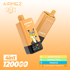 Two orange Airmez Fox disposable vape devices on a soft orange gradient background, one facing forward with a stylized crowned fox graphic and '4 in 1' label and the other angled to show '12000 puffs' and a four-flavor list (Mango Peach, Tropical Fruit, Peach Ice, Sour Mango Pineapple).