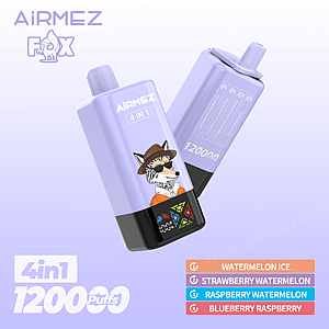 Two pastel purple AiRMEZ disposable vape devices featuring a fox mascot wearing a hat and sunglasses, labeled “4 in 1” and “120000 puffs,” set on a lavender gradient background with a color-coded list of four flavors: Watermelon Ice, Strawberry Watermelon, Raspberry Watermelon, and Blueberry Raspberry.
