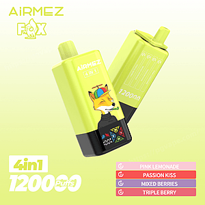 Two neon lime-green AiRMEZ Fox 4-in-1 disposable vape devices with black bases—one featuring a cartoon fox in a propeller hat and the other labeled 12,000 puffs—set on a pale green background with colored bars listing flavors: Pink Lemonade, Passion Kiss, Mixed Berries, and Triple Berry.