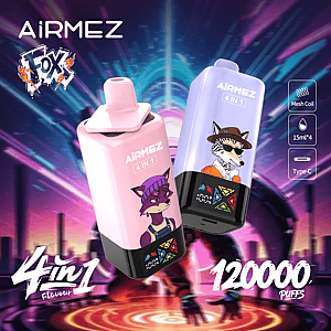 Two Airmez 4-in-1 disposable vape devices—pink with a purple fox illustration and lavender with a fox in a hat—floating before a neon futuristic city backdrop, with branding, mesh coil/15ml×4/Type-C icons and large '4 in 1' and '120000 puffs' text.