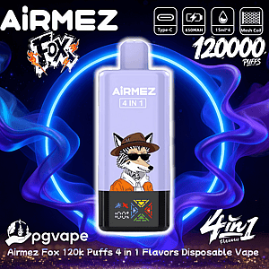 Purple AiRMEZ 4-in-1 disposable vape featuring a cartoon fox in a hat and sunglasses on the device front, displayed against a neon blue ring and purple smoke with text reading '120000 puffs' plus icons for Type-C, 650mAh, 15ml×4 and mesh coil and the pgvape logo.